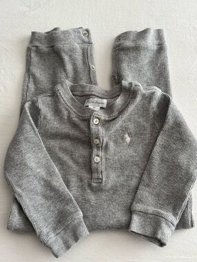 Ralph Lauren Gray Ribbed Thermal Henley Long Sleeve Top for Kids